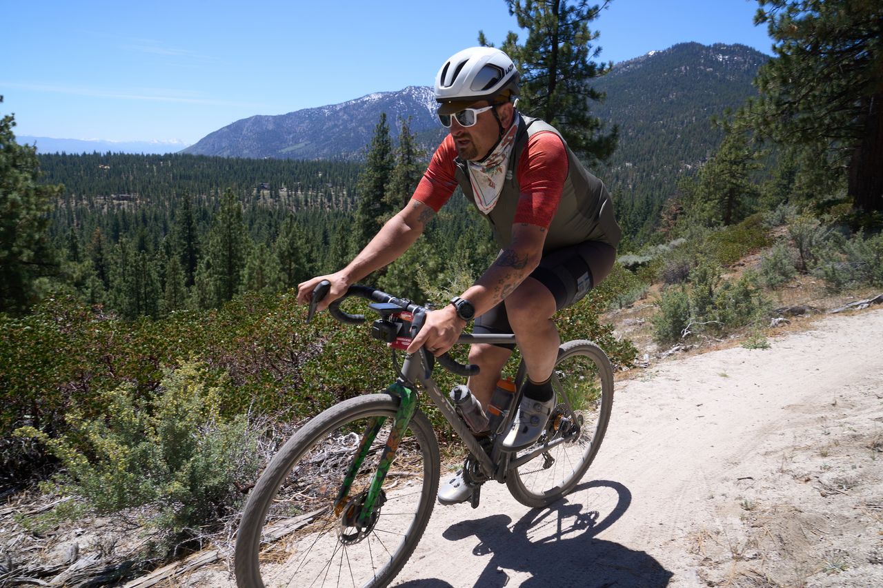 Chef Chris Cosentino at the top of the final times section in the the 2022 Stetina's Paydirt gravel race