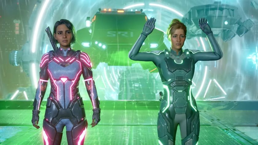 Split Fiction trailer still - Zoe and Mio standing side by side, wearing glowing neon sci-fi jammies