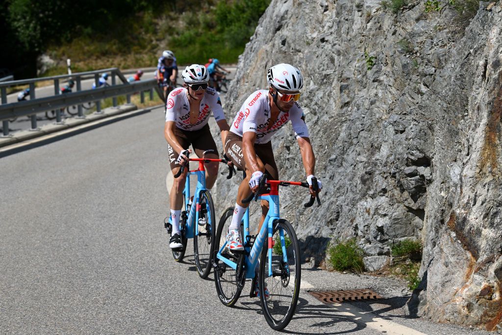 LEUKERBAD SWITZERLAND JUNE 14 LR Felix Gall of Austria and Mikal Chrel of France and Ag2R Citron Team compete in the breakaway during the 86th Tour de Suisse 2023 Stage 4 a 1525km stage from Monthey to Leukerbad 1367m UCIWT on June 14 2023 in Leukerbad Switzerland Photo by Dario BelingheriGetty Images