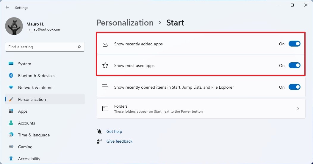 Start settings page