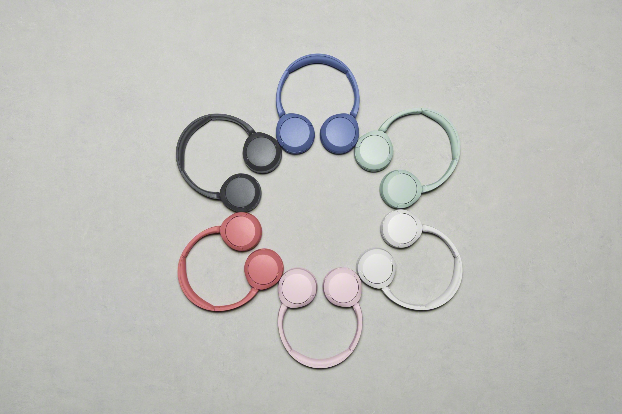 Sony WH-CH530 wireless headphones in various colours arranged in a circle