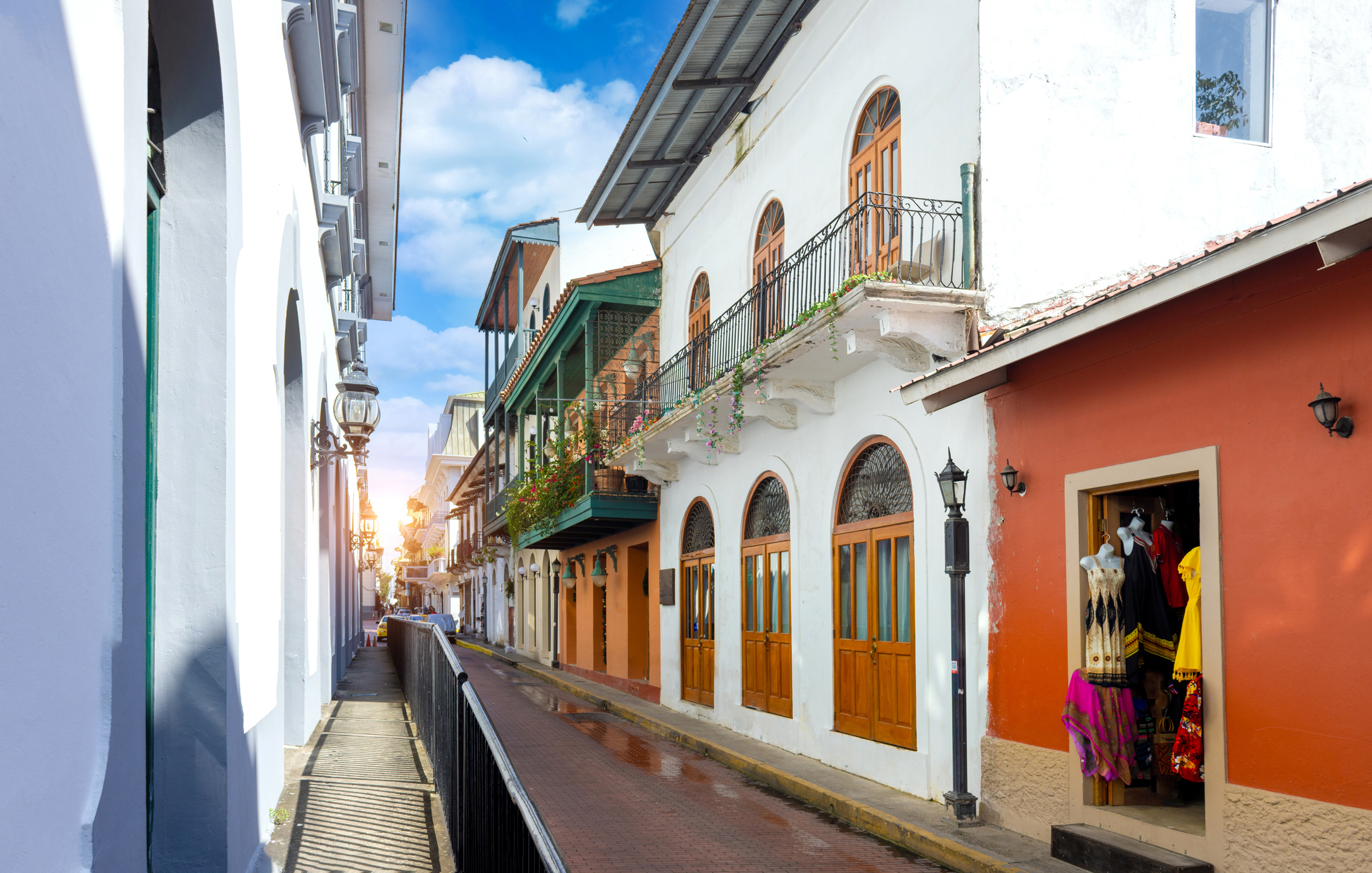 Panama, Panama City historic center Casco Viejo colorful streets and colonial architecture.