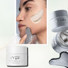 a woman using a gua sha next to the barbara sturm super antiaging face mask rich
