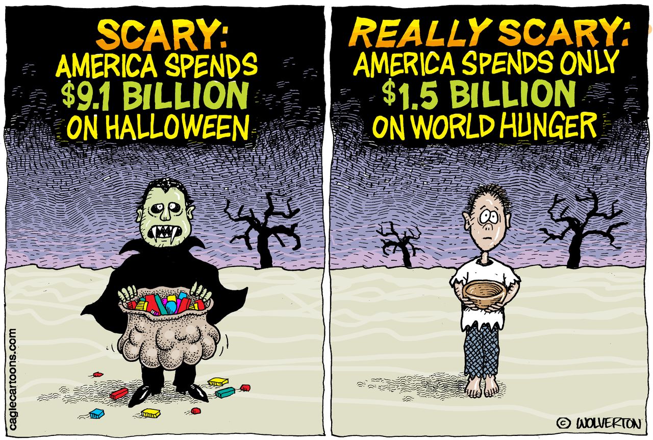 Political cartoon U.S. World hunger halloween