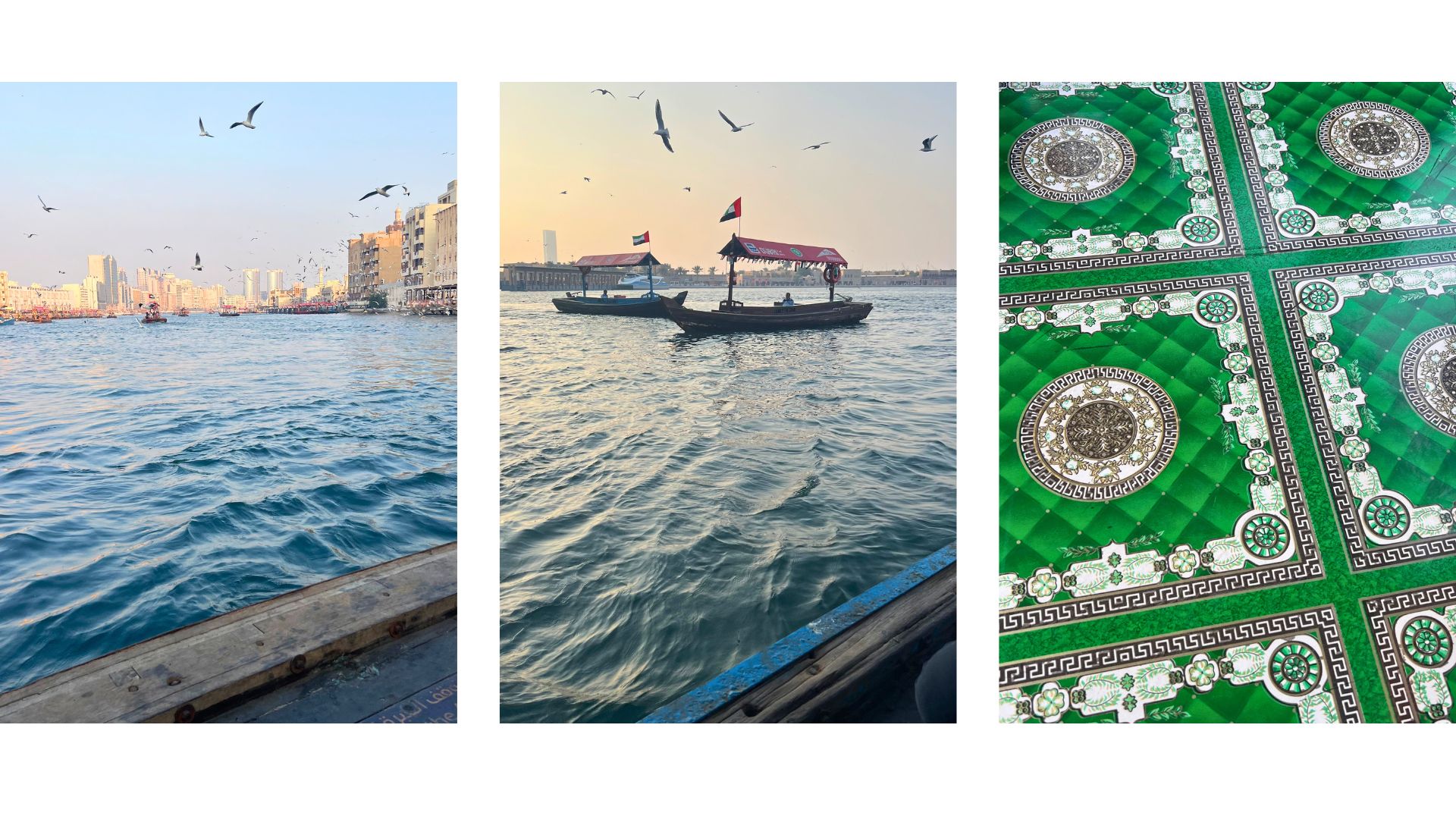 boats on the water in Bur Dubai next to a photo of local floor tiles