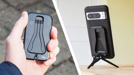 Peak Design Mobile Tripod folded away, in user's hand (left) and in use attached to a Pixel phone on a table