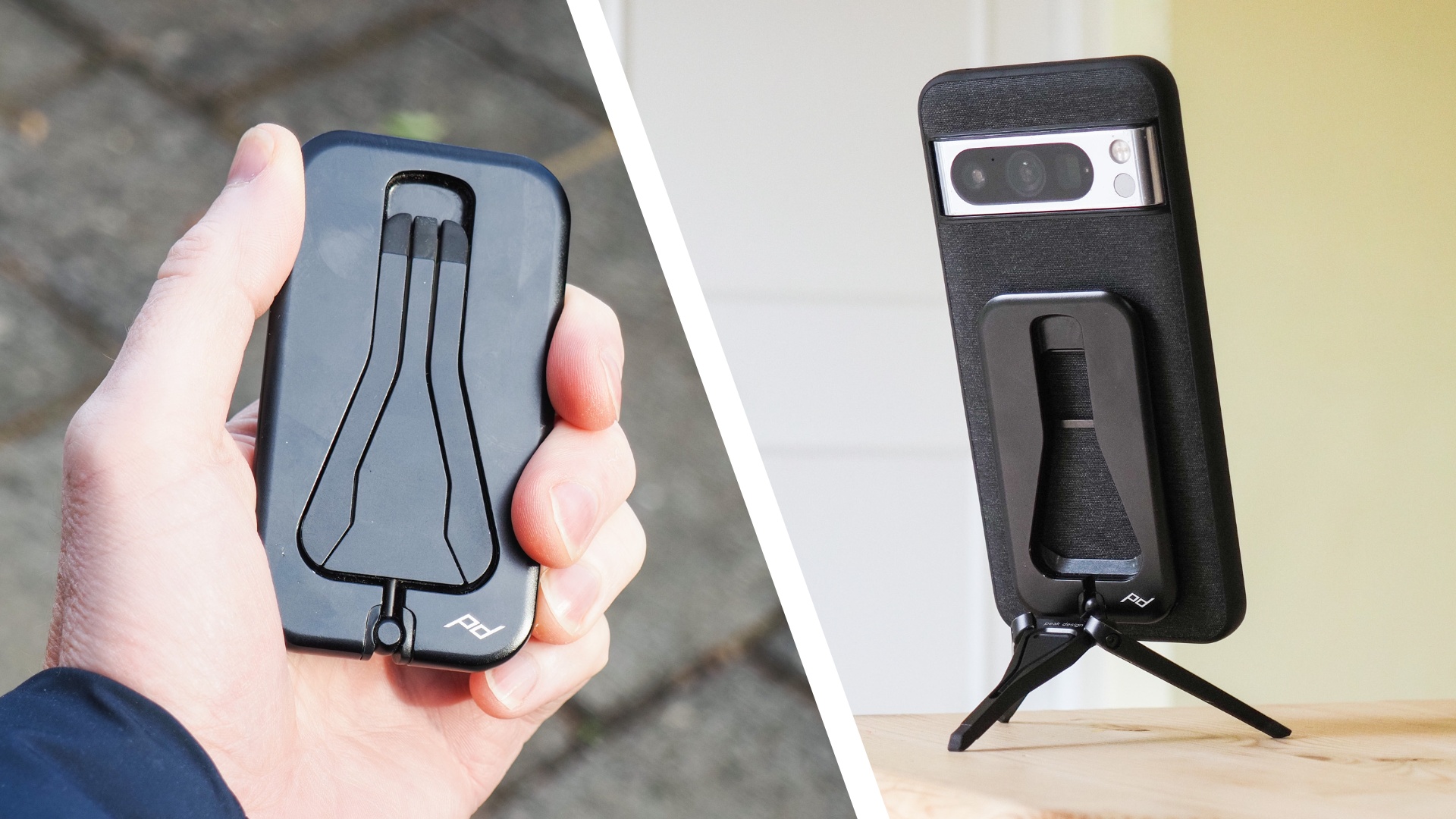 Peak Design Mobile Tripod folded away, in user's hand (left) and in use attached to a Pixel phone on a table