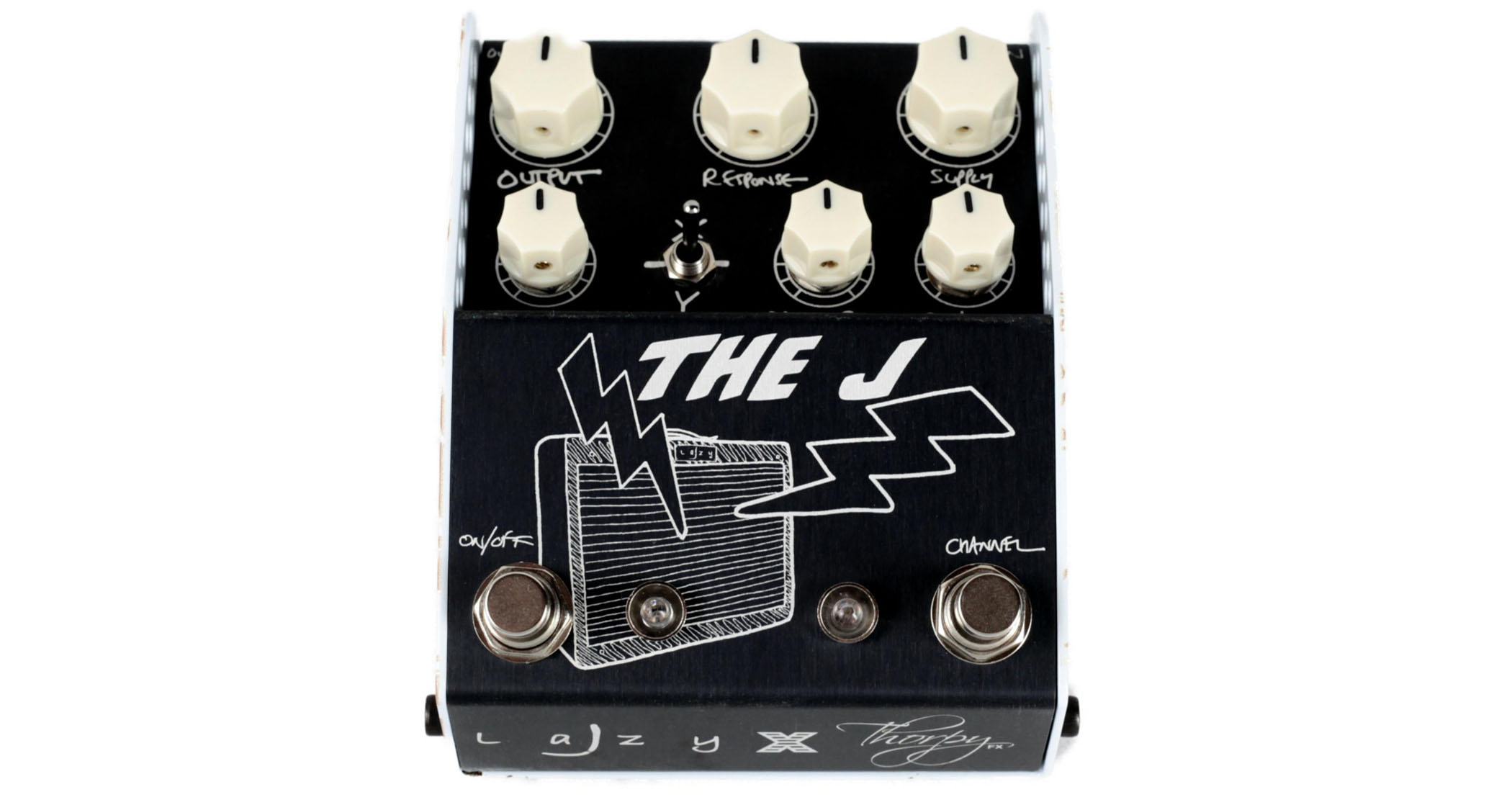 The J, from Thorpy FX, is a new collab between the high-end British guitar effects pedal company and boutique amp brand Lazy J, and the amp that inspired it can be seen illustrated in white on. black on the enclosure&#039;s front.