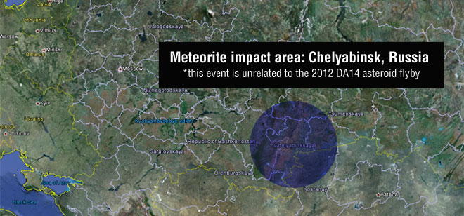 A meteor seen flying over Russia on Feb. 15 at 3:20: 26 UTC impacted Chelyabinsk. Preliminary information is that this object was unrelated to asteroid 2012 DA14, which made a safe pass by Earth on the same day.