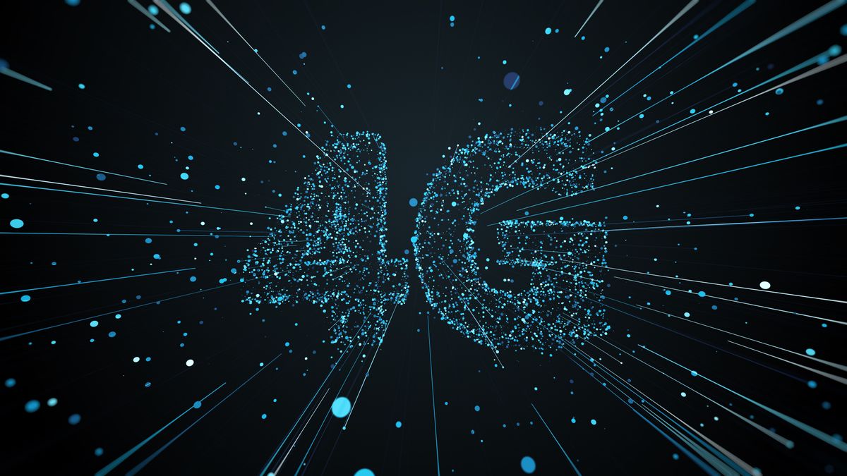 Abstract render of the 4G title made of particles and trails that spread outwards from the centre of the screen