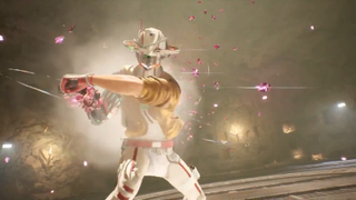 A man with a robotic head swings a sword toward the screen