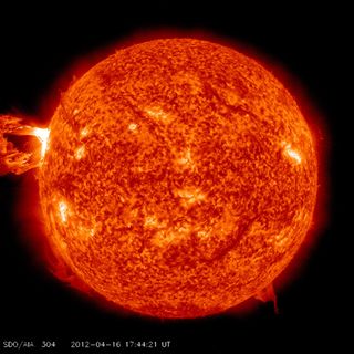 M1.7 solar flare of 17:45 UT on April 16, 2012, tweeted by SDO. They added: "Great eruption happening on the sun now. Stay tuned for the movie #NASA #SUN."