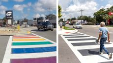 Rainbow crosswalk outside former Pulse nightclub in Orlando, Florida, that was painted over by Florida transportation workers