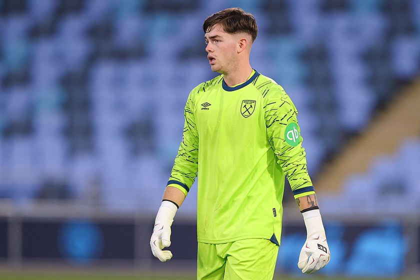 MANCHESTER, ENGLAND - AUGUST 22: Finlay Herrick of West Ham United during the Premier League 2 match between Manchester City U21 and West Ham U21 at Joie Stadium on August 22, 2025 in Manchester, England. (Photo by James Gill - Danehouse/Getty Images)