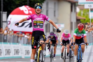 PUEGNAGO DEL GARDA ITALY JULY 08 Marianne Vos of Netherlands and Jumbo Visma Team Purple Points Jersey stage winner celebrates at arrival Elisa Longo Borghini of Italy and Team Trek Segafredo during the 32nd Giro dItalia Internazionale Femminile 2021 Stage 7 a 1096km stage from Soprazocco di Gavardo to Puegnago Del Garda 219m GiroDonne UCIWWT on July 08 2021 in Puegnago del Garda Italy Photo by Luc ClaessenGetty Images