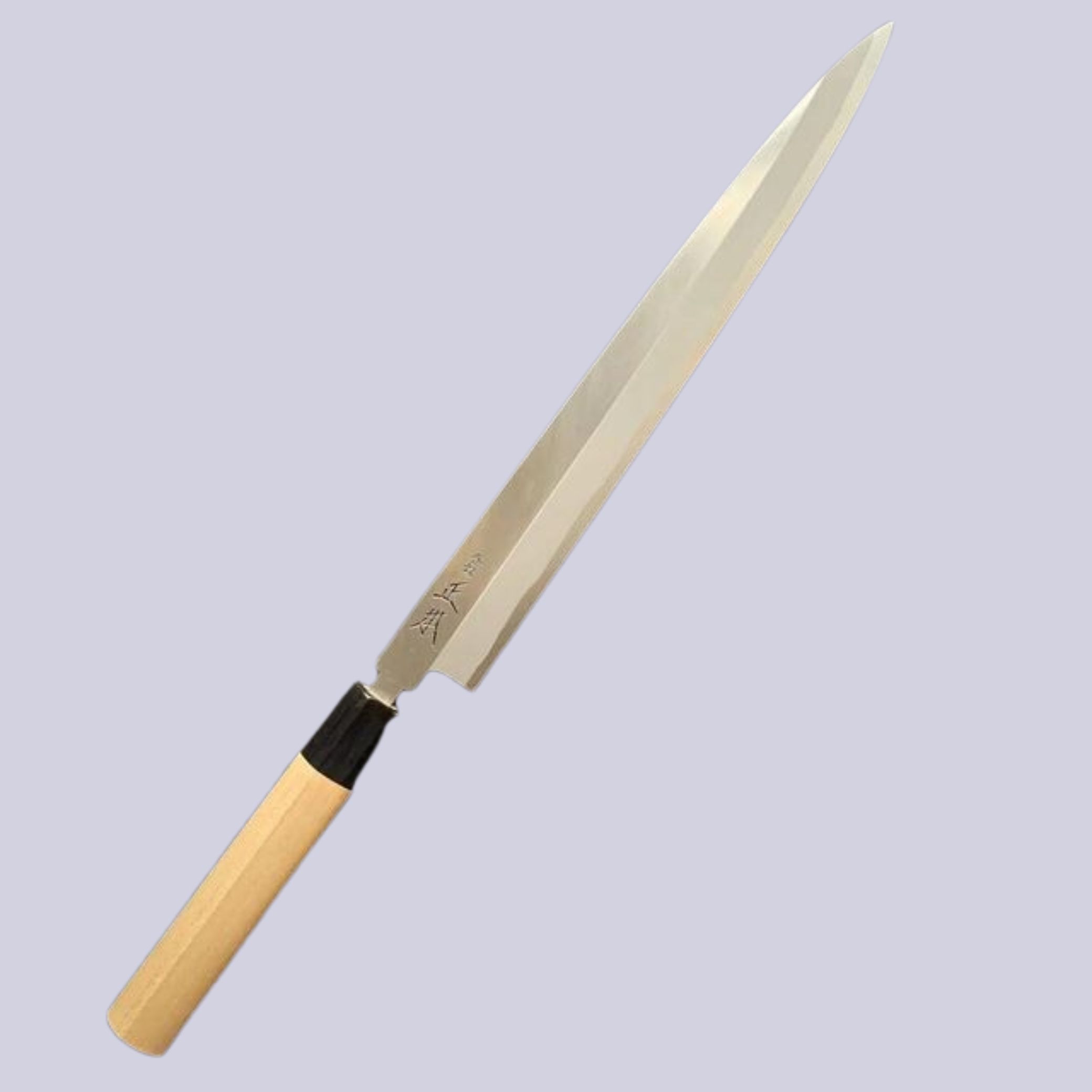 Syosaku Japanese Sushi Sashimi Chef Knife Shiroko (white Steel) against pale purple background.