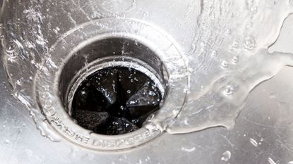 A silver kitchen sink garbage disposal