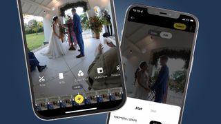 Two phones showing a wedding edit in the Insta360 camera app