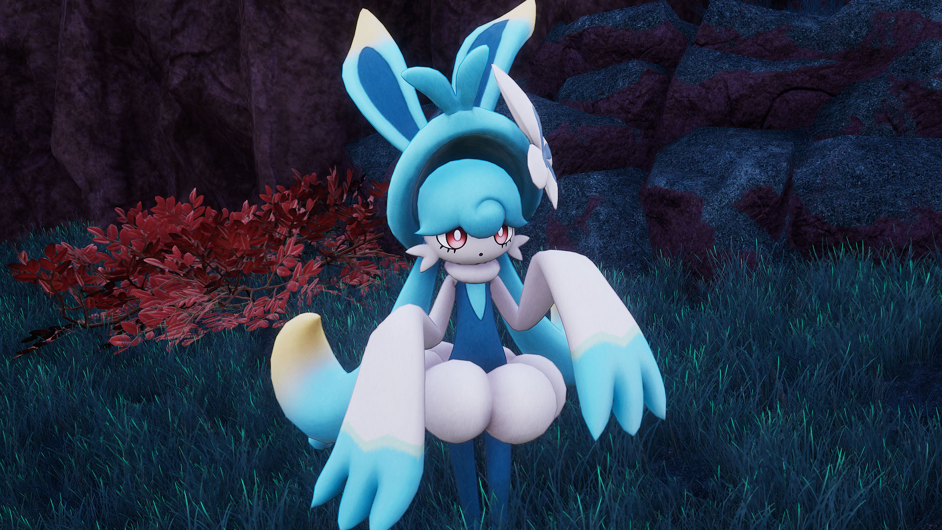 Palworld - Lapure, a blue and white bunny pal