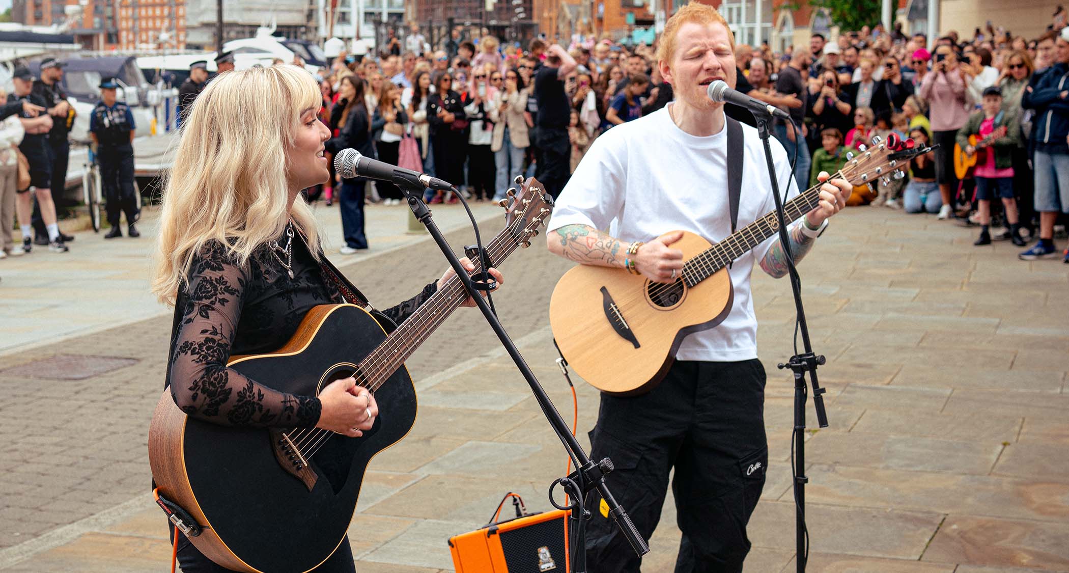 Ed Sheeran and Lianne Kaye launch the Outlowd: Play It Home campaign by performing in Ipswich together