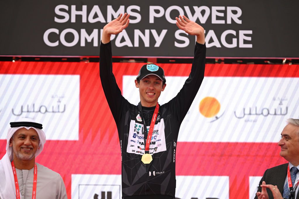 LIWA PALACE ABU DHABI UNITED ARAB EMIRATES FEBRUARY 17 Manuele Tarozzi of Italy and Team VF Group Bardiani CSFFaizane celebrates at podium as Black Intermediate Sprint Jersey winner during the to the 7th UAE Tour Stage 1 a 138km stage from Madinat Zayed Shams Solar Park to Liwa Palace UCIWWT on February 17 2025 in Liwa Palace Abu Dhabi United Arab Emirates Photo by Dario BelingheriGetty Images