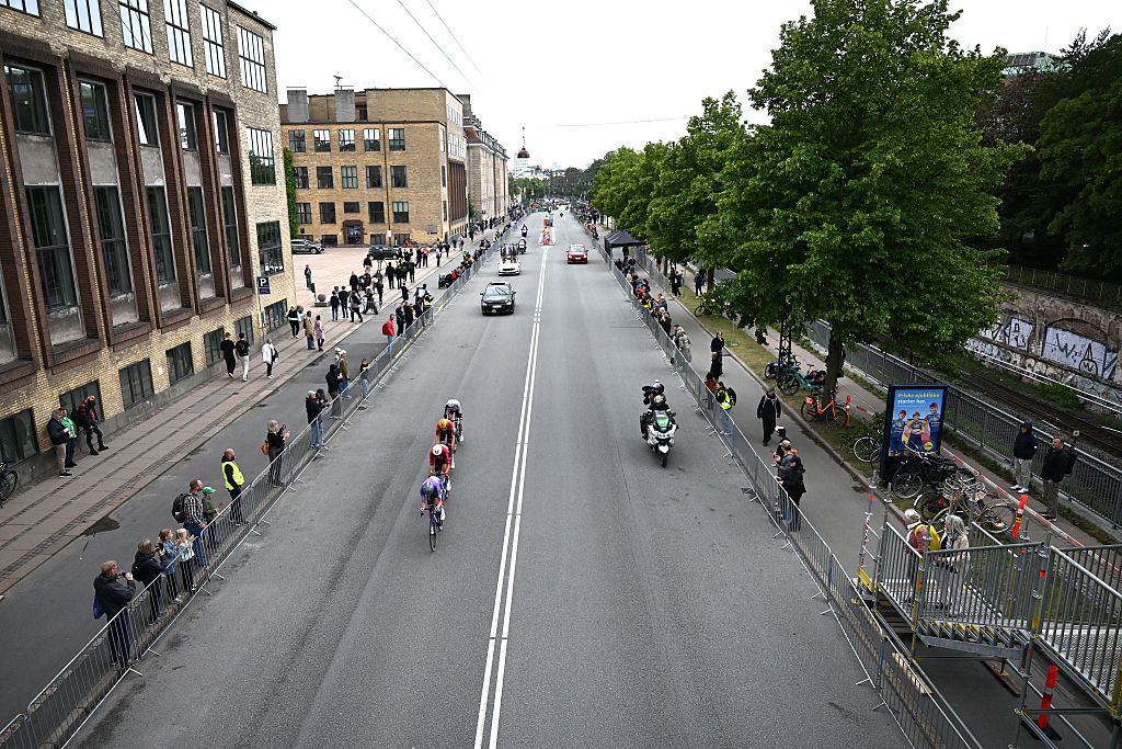 COPENHAGEN, DENMARK - JUNE 14: A general view of Anders Foldager of Denmark and Team Jayco AlUla, Rune Herregodts of Belgium and UAE Team Emirates - XRG, William Blume Levy of Denmark and Team Uno-X Mobility and Mads Andersen of Denmark and Team Denmark compete in the breakaway during the 2nd Copenhagen Sprint 2026 - Men&amp;amp;apos;s Elite a 228.2km one day race from Roskilde to Copenhagen / #UCIWT / on June 14, 2026 in Copenhagen, Denmark. (Photo by Luc Claessen/Getty Images)