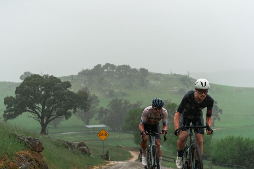 Gravelista 2025 winner Brendan Johnston in second wheel out on the rain soaked hills of the Victorian course