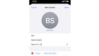 A fake iPhone contact entry