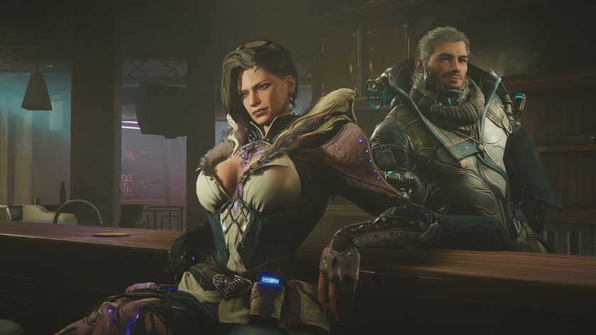 Two characters from Warframe 1999 lounging in a bar.