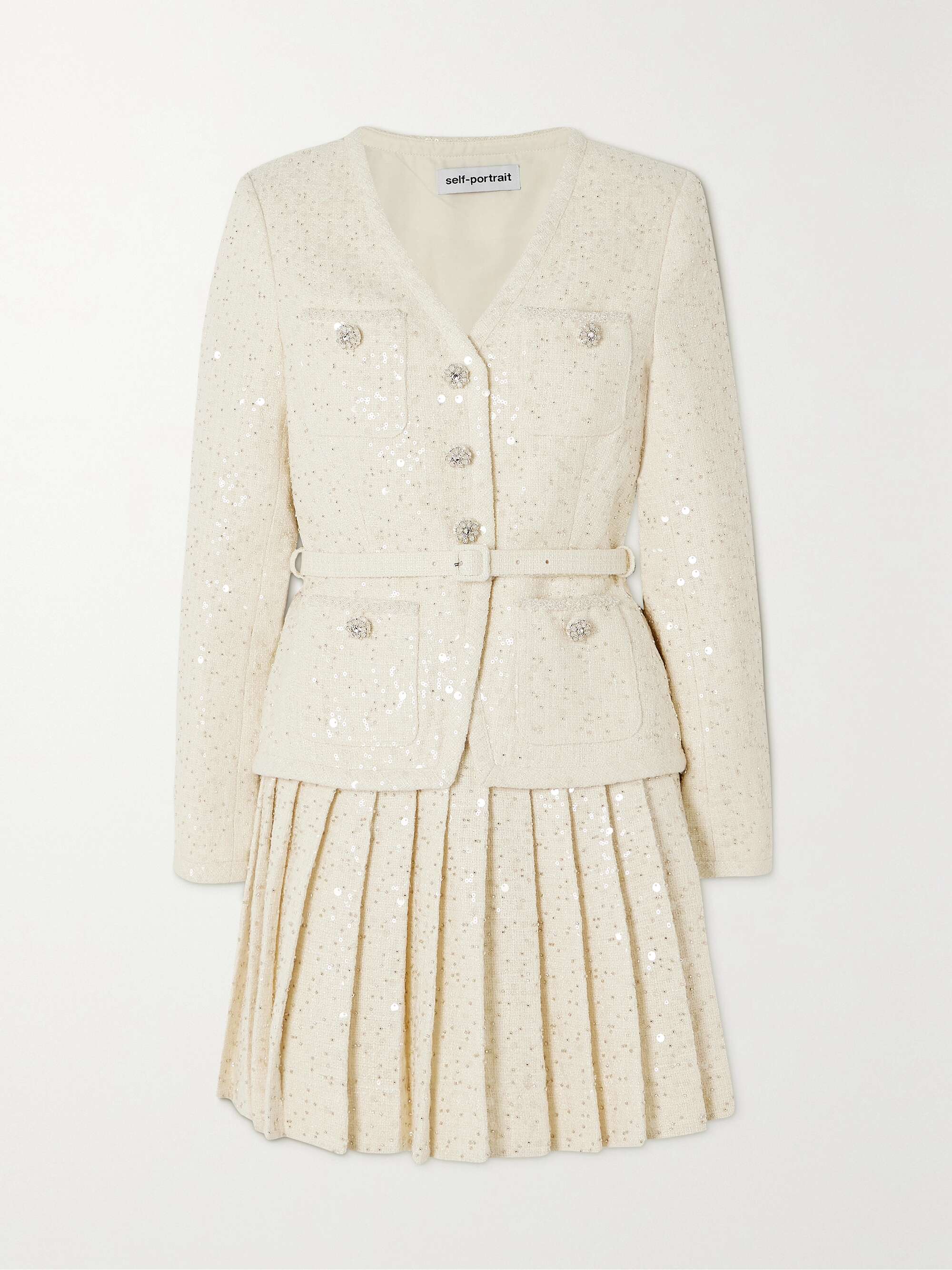 Belted Embellished Bouclé Mini Dress