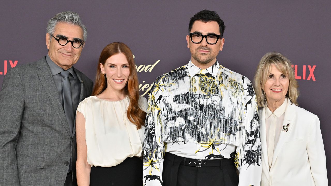 Eugene Levy poses with his wife, daughter, and son Dan Levy at the &#039;Good Grief&#039; premiere.