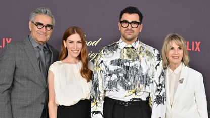 Eugene Levy poses with his wife, daughter, and son Dan Levy at the 'Good Grief' premiere.