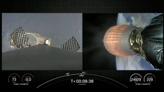 split screen showing the first stage of a spacex falcon 9 rocket returning to earth for a landing (left) and the rocket's upper stage powering its way to orbit (right).