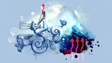 Illustration depicting a wave and King Triton with a mermaid tail blowing on a conch shell