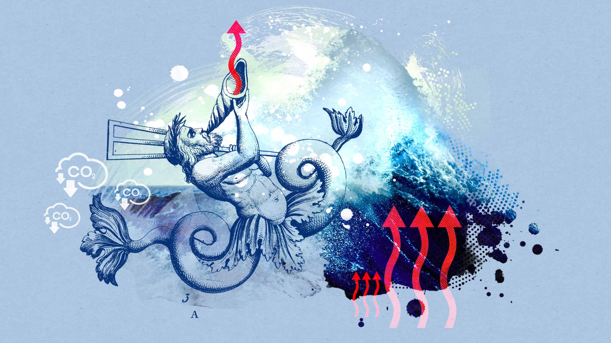 Illustration depicting a wave and King Triton with a mermaid tail blowing on a conch shell