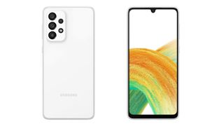 Ein geleaktes Bild des Samsung Galaxy A33 5G in Weiß, Vorder- und Rückseite sind sichtbar