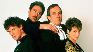 (left to right) Michael Palin, Kevin Kline, John Cleese and Jamie Lee Curtis in promotional photography for A Fish Called Wanda