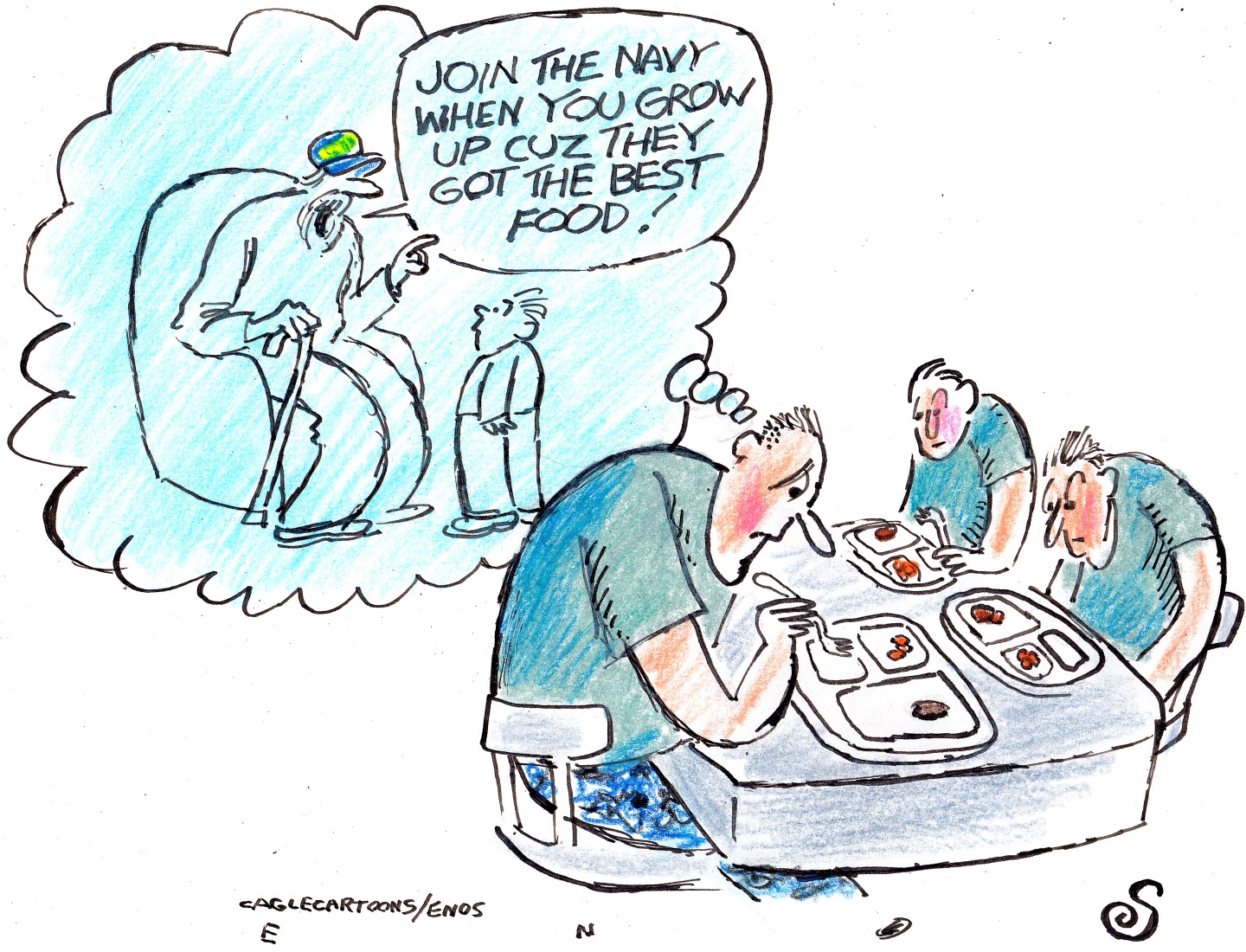 This cartoon depicts three American navy men eating a sparse, unappealing meal. One of the men remembers talking to his grandfather many years before. The grandfather says, &amp;ldquo;Join the Navy when you grow up cuz they got the best food!&amp;rdquo;
