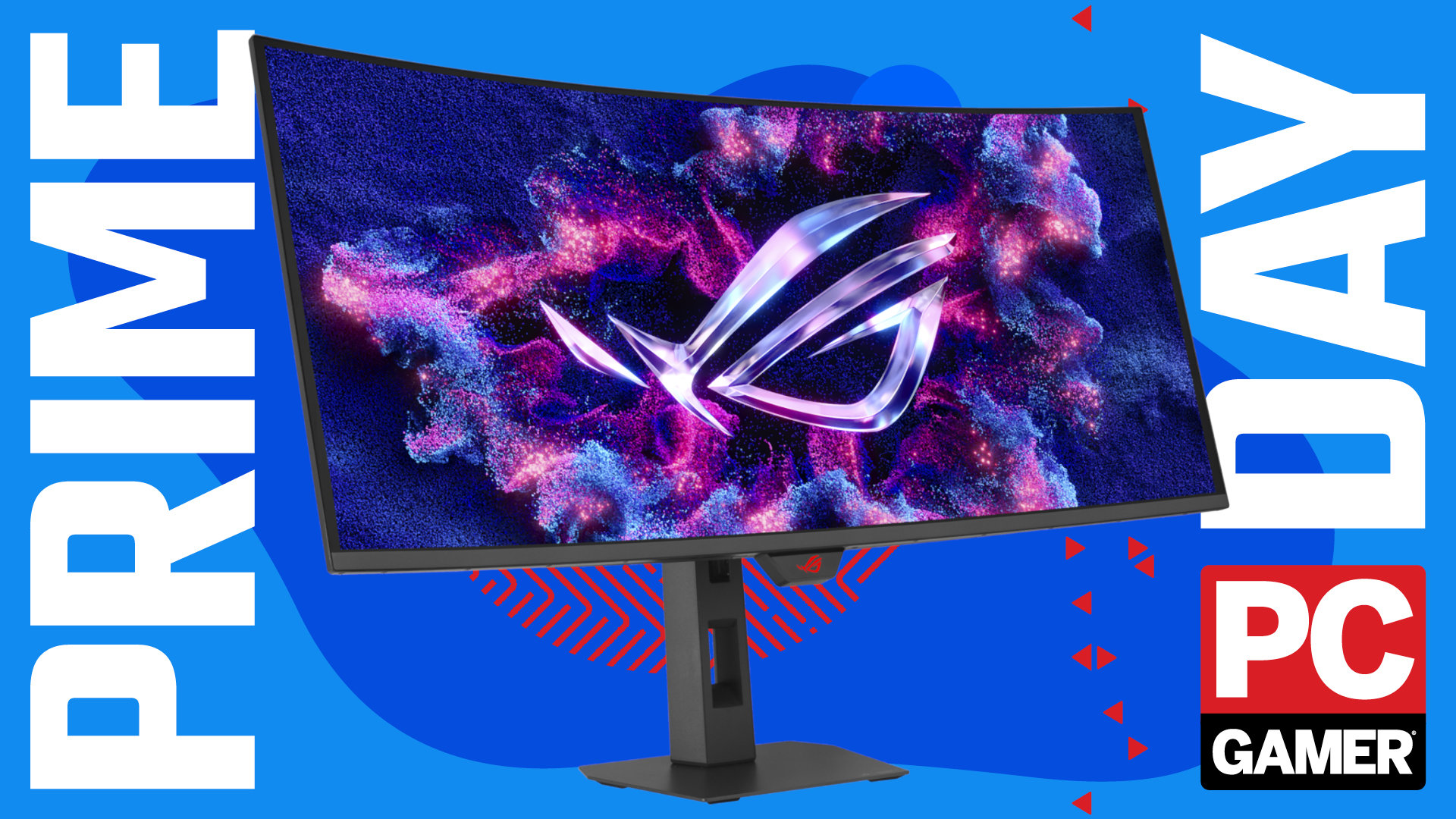 An image of an Asus OLED gaming monitor against a colorful blue background, with the phrase Prime Day and a PC Gamer logo on the sides