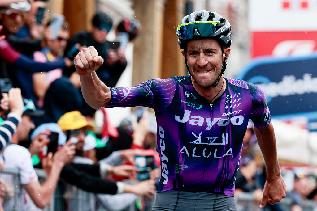 Chris Harper (Jayco-AlUla) celebrates as he crosses the finish line as stage 20 winner at 2025 Giro d&#039;Italia