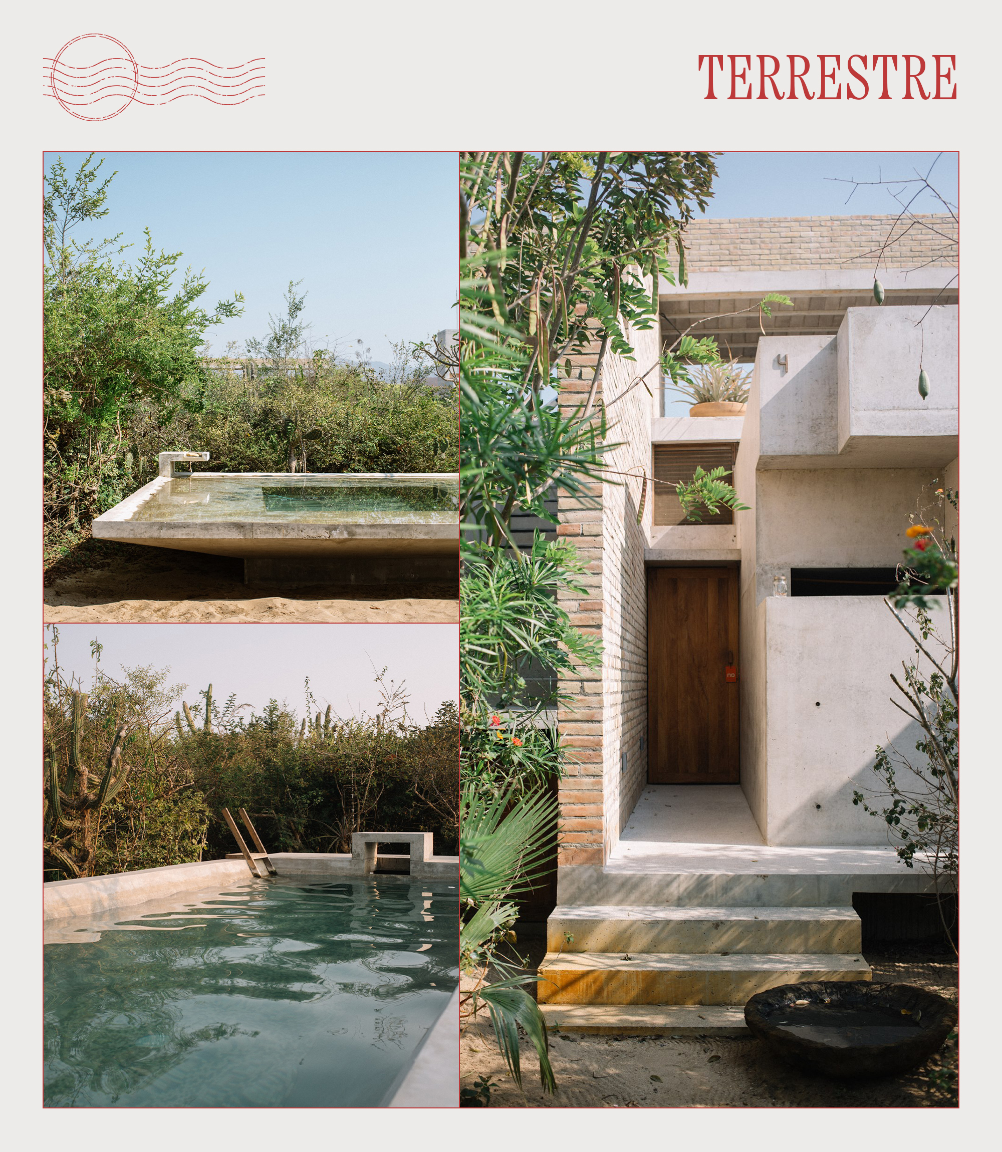 A collage of influencer and hotel imagery featuring Terrestre in Puerto Escondido, Mexico.