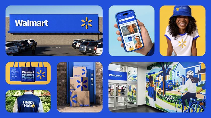 A collage showcasing various Walmart brand applications, including a storefront, a mobile app, apparel, tote bags, delivery boxes, employee vests, and a colorful in-store mural.