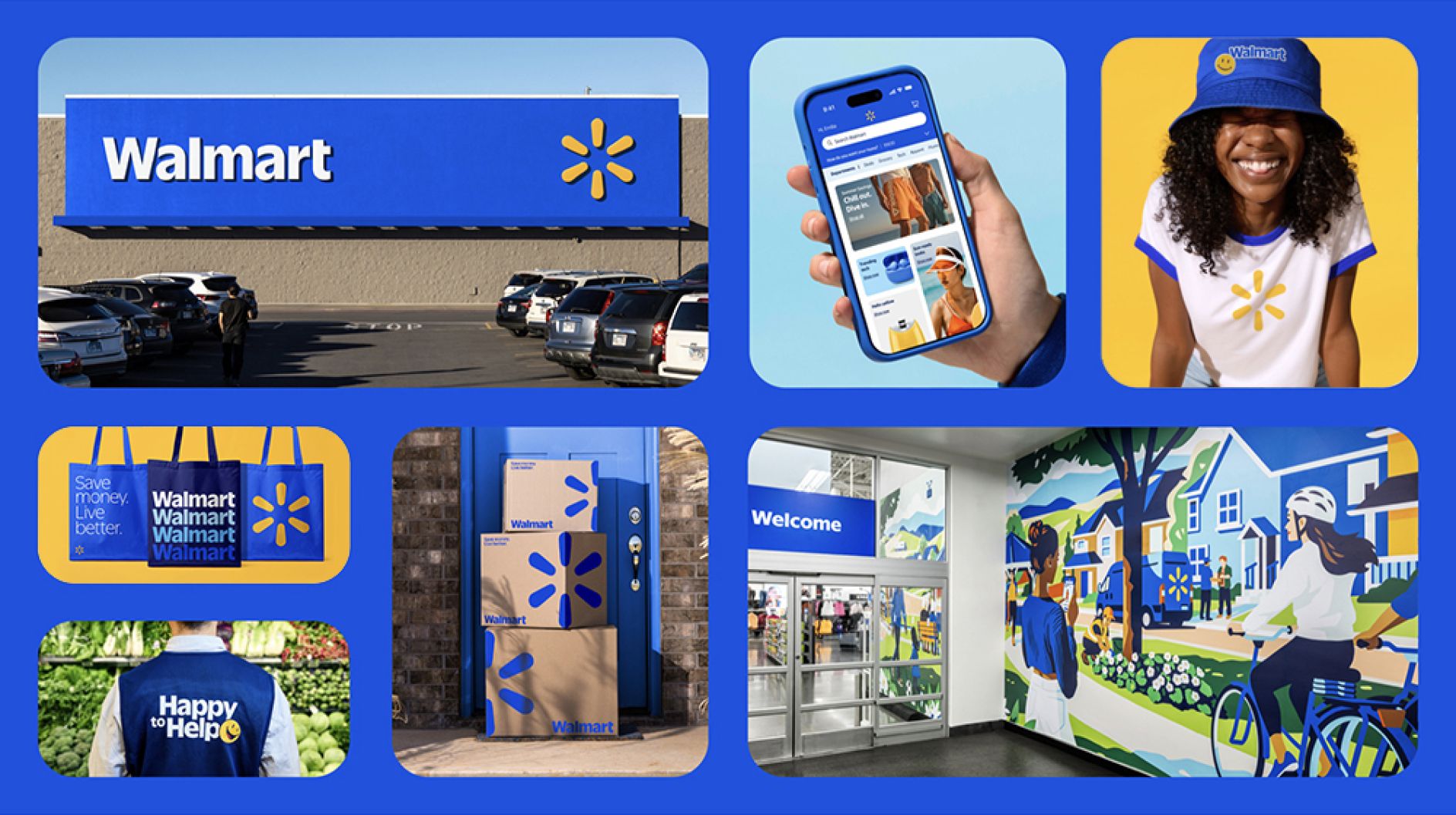 A collage showcasing various Walmart brand applications, including a storefront, a mobile app, apparel, tote bags, delivery boxes, employee vests, and a colorful in-store mural.
