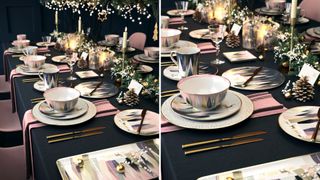 luxe Christmas party themed table with black tablecloth and metallic tableware