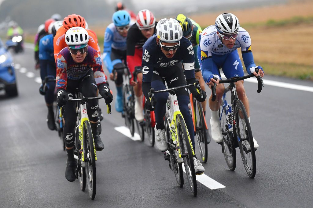 ASTI ITALY OCTOBER 23 Simon Clarke of Australia and Team EF Pro Cycling Lachlan Morton of Australia and Team EF Pro Cycling Iljo Keisse of Belgium and Team Deceuninck QuickStep Breakaway during the 103rd Giro dItalia 2020 Stage 19 a 1245km stage from Abbiategrasso to Asti Stage shortened due to heavy rain girodiitalia Giro on October 23 2020 in Asti Italy Photo by Tim de WaeleGetty Images
