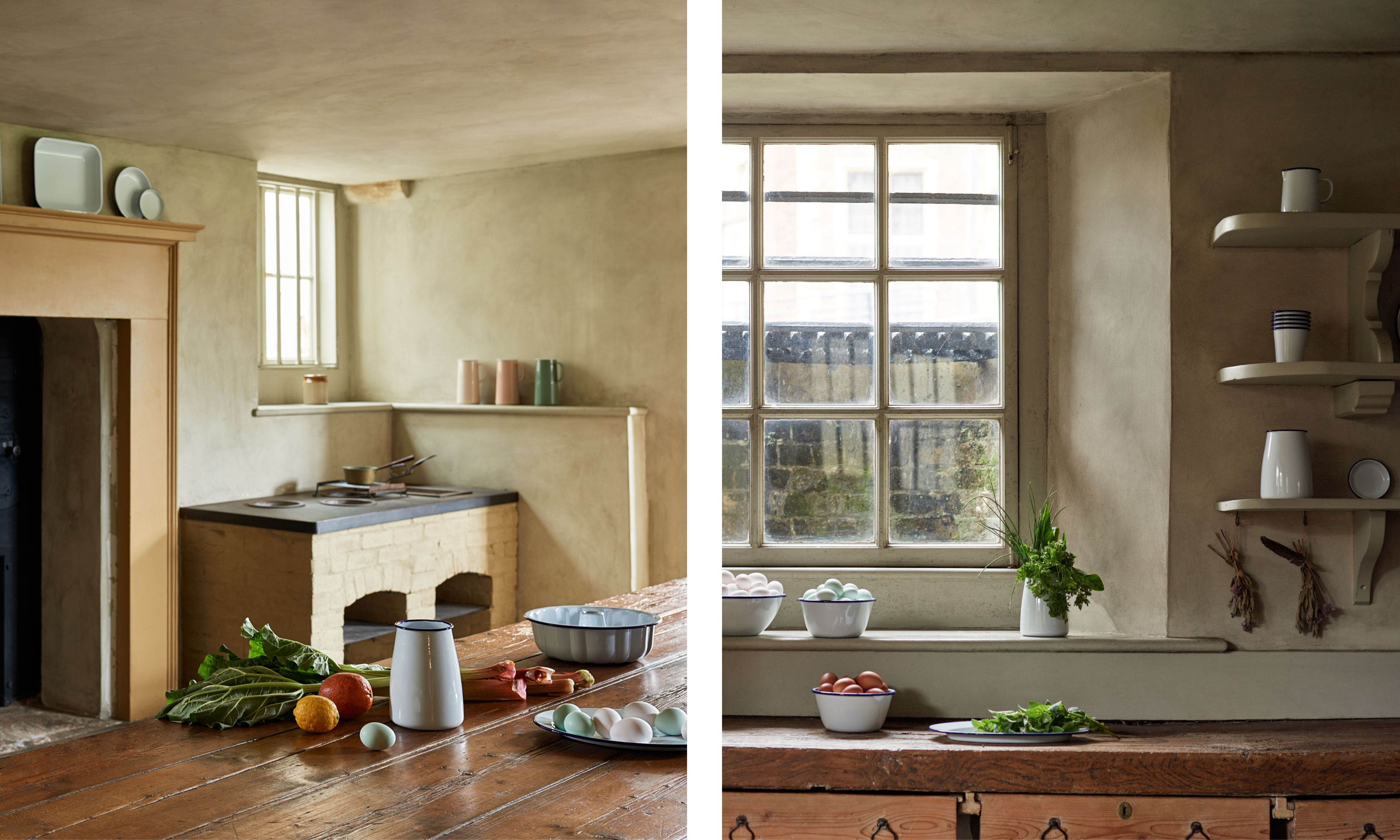 Falcon Enamelware in a rustic farmhouse kitchen