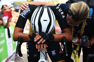 LE MARKSTEIN FRANCE JULY 30 Kim De Baat of Belgium and Team PlanturPura reacts after crossing the line during the 1st Tour de France Femmes 2022 Stage 7 a 1271km stage from Slestat to Le Marksteinc TDFF UCIWWT on July 30 2022 in Le Markstein France Photo by Dario BelingheriGetty Images