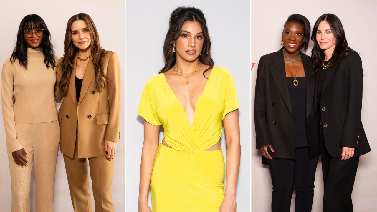 A collage of women at Marie Claire&#039;s Power Play event including Nia Batts, Sophia Bush, Richa Moorjani, Nikki Ogunnaike, and Courteney Cox