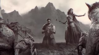 Two adventurers in grayscale are surrounded by demons and wolves 