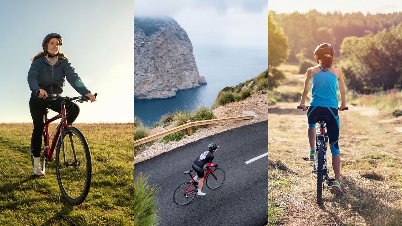Women cycling across grass and roads